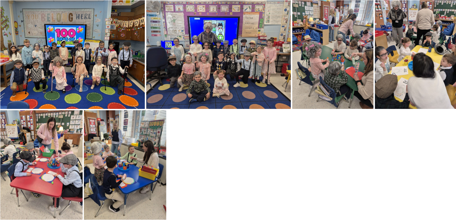 Group of photos of kids dressed as 100 year olds